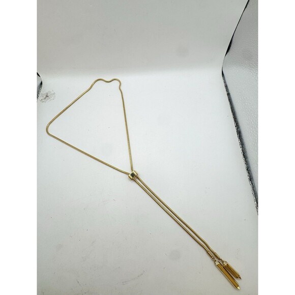 Gold Plated Lariat Necklace Snake Chain Geometric Rhinestone Drop Beads - Picture 8 of 10